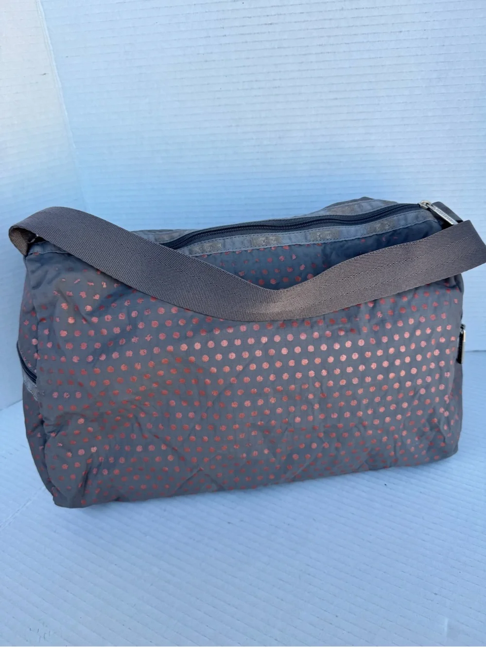 LeSportsac Gray Nylon Crossbody/Shoulder Bag with Copper Polkadots